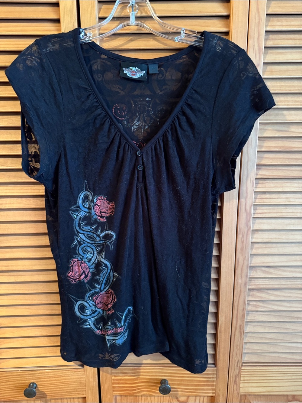 HARLEY Burnout Graphic Women's Lace Top with Rose Detail